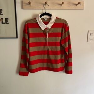 J. Crew Red and Brown Striped Rugby Sweater with White Collar